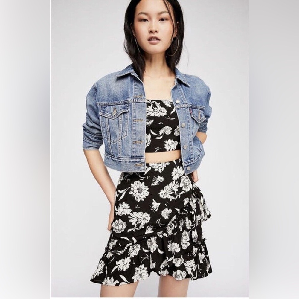 Free People Boho Garden Girl Ruffle Mini Skirt Black White Floral Feminine